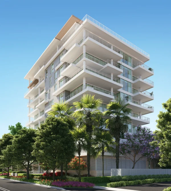 An artistic illustration of a Miami apartment building, featuring innovative architecture set against a lively city backdrop.
